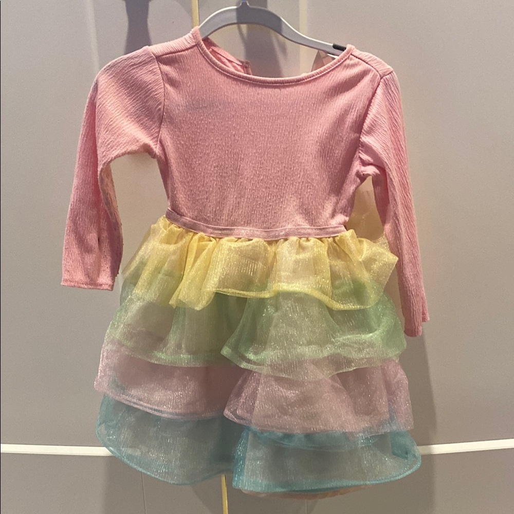 Pink Long Sleeve Dress with Rainbow Tulle Skirt